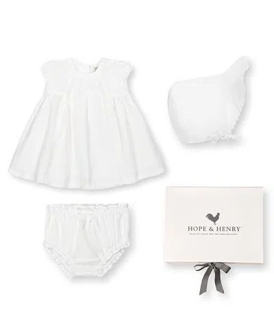 Hope & Henry Unisex 3 Piece Special Occasion Linen Pintuck Dress, Diaper Cover, & Bonnet Boxed Gift Set - Baby