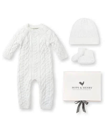 Hope & Henry Unisex 4-piece Cable Knit Sweater Romper, Hat, & Bootie Boxed Gift Set - Baby In White