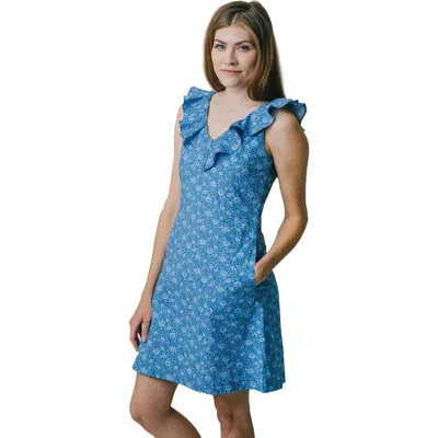 Hope & Henry V-neck Ruffle Shift Dress In Coastal Blue Floral