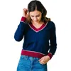 Hope & Henry V-neck Sweater In Navy With Berry