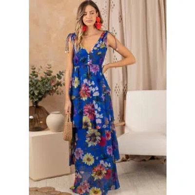 Hope & Ivy Tie Shoulder Maxi Dress With Tiered Skirt In Cobalt Floral-blue