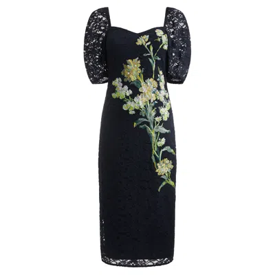 Hope & Ivy Women's Blue The Adira Embroidered Lace Square Neck Midi Pencil Dress