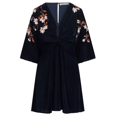 Hope & Ivy Women's Blue The Aubrey Velvet Embroidered Skater Dress With Kimono Sleeve And Knot Front