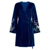 Hope & Ivy Women's Blue The Cecile Embellished Velvet Mini Wrap Dress With Bell Sleeves In Blue