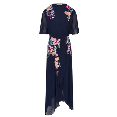 Hope & Ivy Women's Blue The Gisela Embroidered Flutter Sleeve Maxi Wrap Dress With Tie Waist In Black