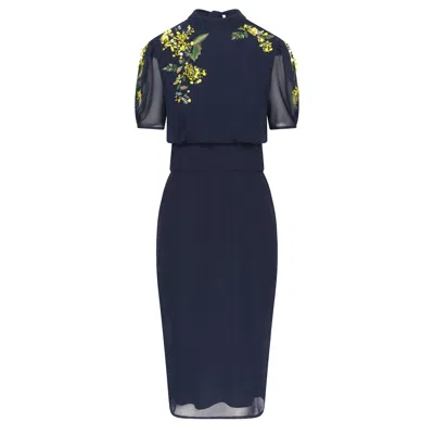 Hope & Ivy Women's Blue The Hester Embellished Midi Dress With Contrast Beading And Bow Tie Detail