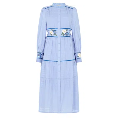 Hope & Ivy Women's Blue The Melissa High Neck Front Button Embroidered Midi Dress