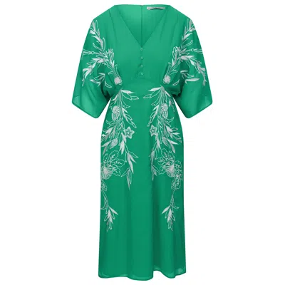 Hope & Ivy Women's Green The Frances Embroidered Flutter Sleeve Plunge Neck Midi Dress