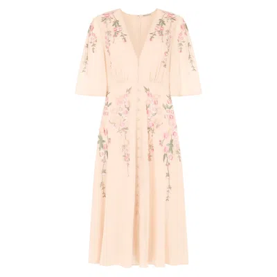 Hope & Ivy Women's Neutrals The Celina 3d Floral Embroidered Flutter Sleeve Plunge Front Button Midi Dress In Pink