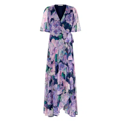 Hope & Ivy Women's Pink / Purple The Adele Flutter Sleeve Maxi Wrap Dress With Tie Waist In Pink/purple
