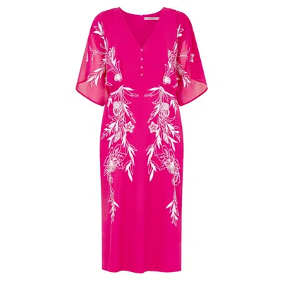 Hope & Ivy Women's Pink / Purple The Christine Embroidered Flutter Sleeve Plunge Neck Midi Dress In Pink/purple