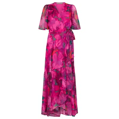 Hope & Ivy Women's Pink / Purple The Corinne Flutter Sleeve Maxi Wrap Dress With Tie Waist In Pink/purple