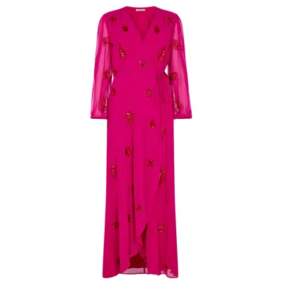 Hope & Ivy Women's Pink / Purple The Honey Embellished Blouson Sleeve Wrap Dress With Tie Waist