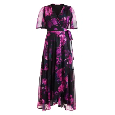 Hope & Ivy Women's Pink / Purple The Madalena Flutter Sleeve Maxi Wrap Dress With Tie Waist In Pink/purple