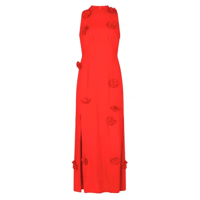 Hope & Ivy Women's Red The Keely High Neck Rosette Maxi Dress With Thigh Split And Keyhole Back