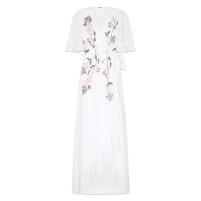 Hope & Ivy Women's White The Amberley 3d Floral Frill Sleeve Maxi Wrap Dress With Tie Waist
