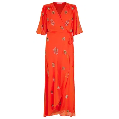 Hope & Ivy Women's Yellow / Orange The Alana Embellished Wrap Dress With Tie Waist And Flutter Sleeve In Yellow/orange