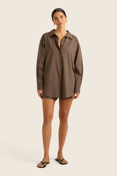 Hope And May Pacific Oversize Stripe Button Up Shirt In Chestnut Stripe