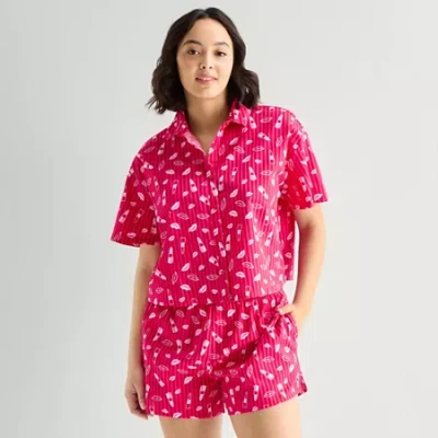 Hope & Wonder Women's History Month Lipstick Printed Short Sleeve Regular Fit Button-down Shirt In Purple