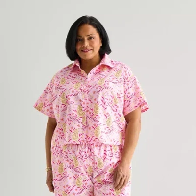 Hope & Wonder Women's History Month Tiger Printed Short Sleeve Classic Fit Plus Button-down Shirt In Pink
