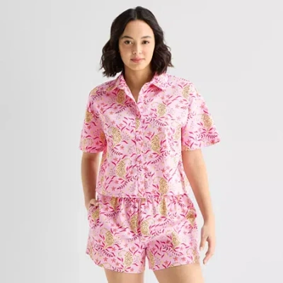 Hope & Wonder Women's History Month Tiger Printed Short Sleeve Regular Fit Button-down Shirt In Pink