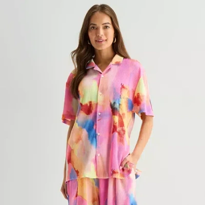 Hope & Wonder Womens Short Sleeve Cap Regular Fit Button-down Shirt In Pink