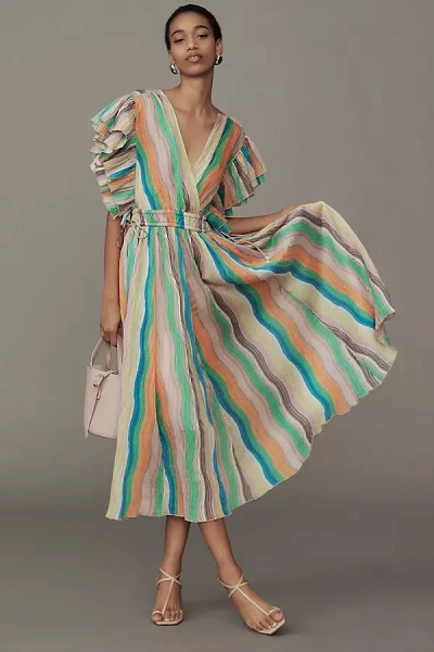 Hope For Flowers By Tracy Reese Linen Blend Ruffle-sleeve Dress In Blue