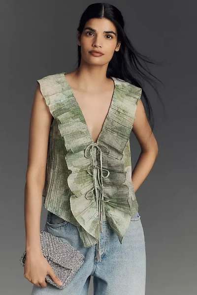 Hope For Flowers By Tracy Reese Short-sleeve Deconstructed Tuxedo Blouse In Green