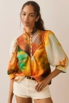 Hope For Flowers By Tracy Reese Smocked Linen Shirt Top In Multicolor