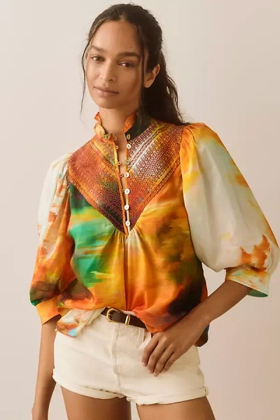 Hope For Flowers By Tracy Reese Smocked Linen Shirt Top In Multicolor