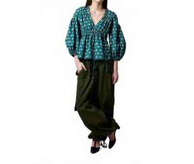 Hope For Flowers Shirred Blouse In Posy Woodblock Aqua In Green