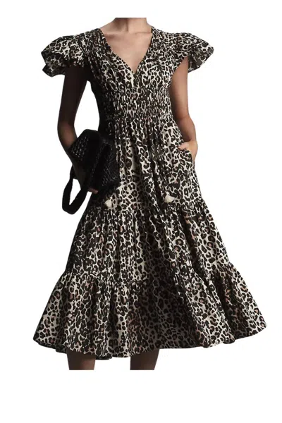 Hope For Flowers Shirred Bodice Tiered Peasant Midi Dress In Neutral Leopard In Animal Print