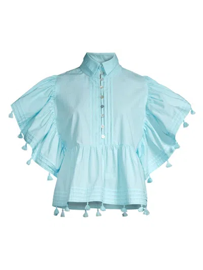Hope For Flowers Women's Pom-pom Cotton Pleated Blouse In Sky Blue