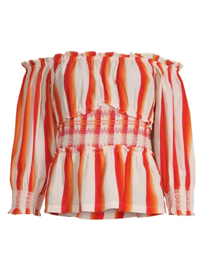 Hope For Flowers Women's Striped Off-the-shoulder Peasant Top In Persimmon Ombre Stripe