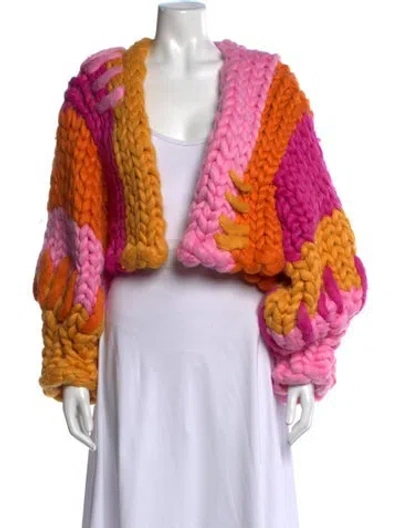 Pre-owned Hope Macaulay Colorblock Pattern Open Front Sweater In Pink
