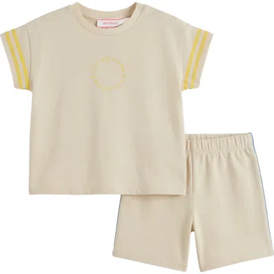 Hopscotch Babies'  Boy Contrast Stripe Shoulder Snap Top And Elastic Waist Shorts Set In Brown