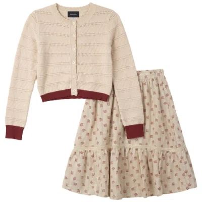 Hopscotch Kids'  Floral Scallop Trim Cardigan & Lined Skirt Set In Neutral