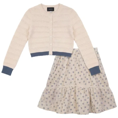 Hopscotch Kids'  Floral Scallop Trim Cardigan & Lined Skirt Set In Neutral