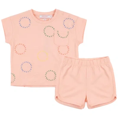 Hopscotch Babies' Pocket Tee Snap Shoulder  Artwork Top And Elastic Waist Shorts Set In Pink