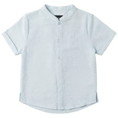 Hopscotch Kids'  Textured Woven Button Placket Folded Cuff Shirt In Blue