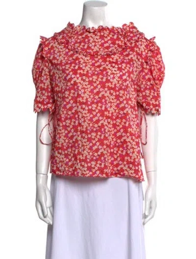 Pre-owned Horror Vacui Floral Print Bateau Neckline Blouse In Pink