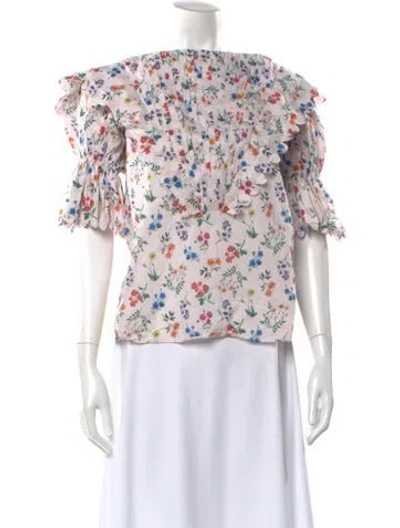 Pre-owned Horror Vacui Floral Print Crew Neck Blouse In White