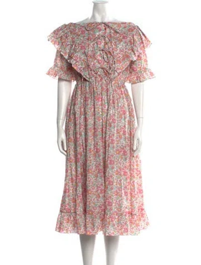 Pre-owned Horror Vacui Floral Print Long Dress In Pink/white