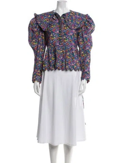 Pre-owned Horror Vacui Floral Print Long Sleeve Blouse In Blue