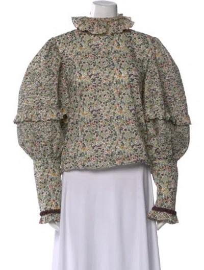 Pre-owned Horror Vacui Floral Print Long Sleeve Blouse In Green
