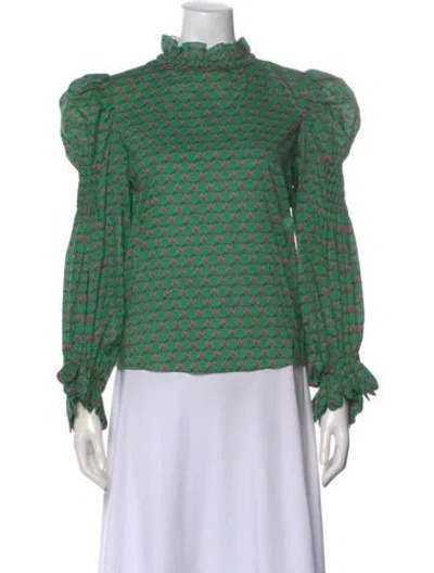 Pre-owned Horror Vacui Floral Print Long Sleeve Blouse W/ Tags In Green