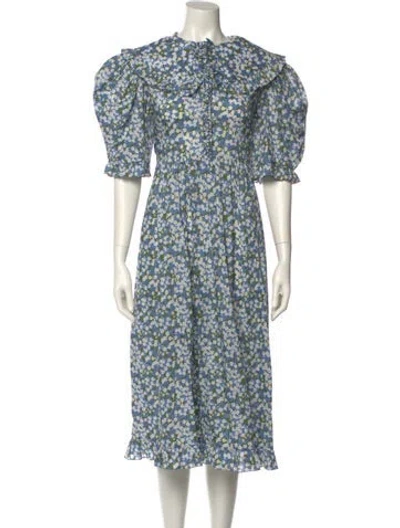 Pre-owned Horror Vacui Floral Print Midi Length Dress In Blue