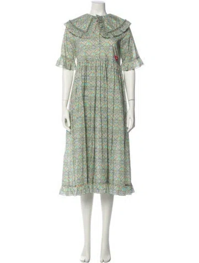 Pre-owned Horror Vacui Floral Print Midi Length Dress In Green