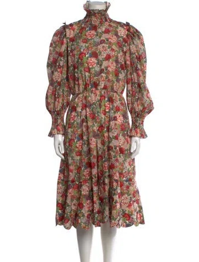 Pre-owned Horror Vacui Floral Print Midi Length Dress In Neutral