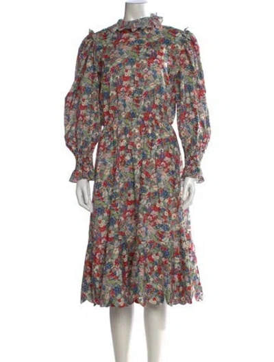 Pre-owned Horror Vacui Floral Print Midi Length Dress W/ Tags In Red